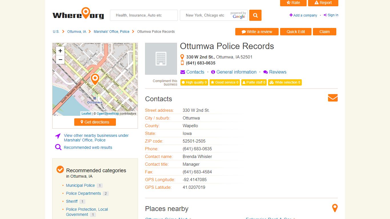 Ottumwa Police Records, Ottumwa, IA - 330 W 2nd St. - Marshals' Office ...